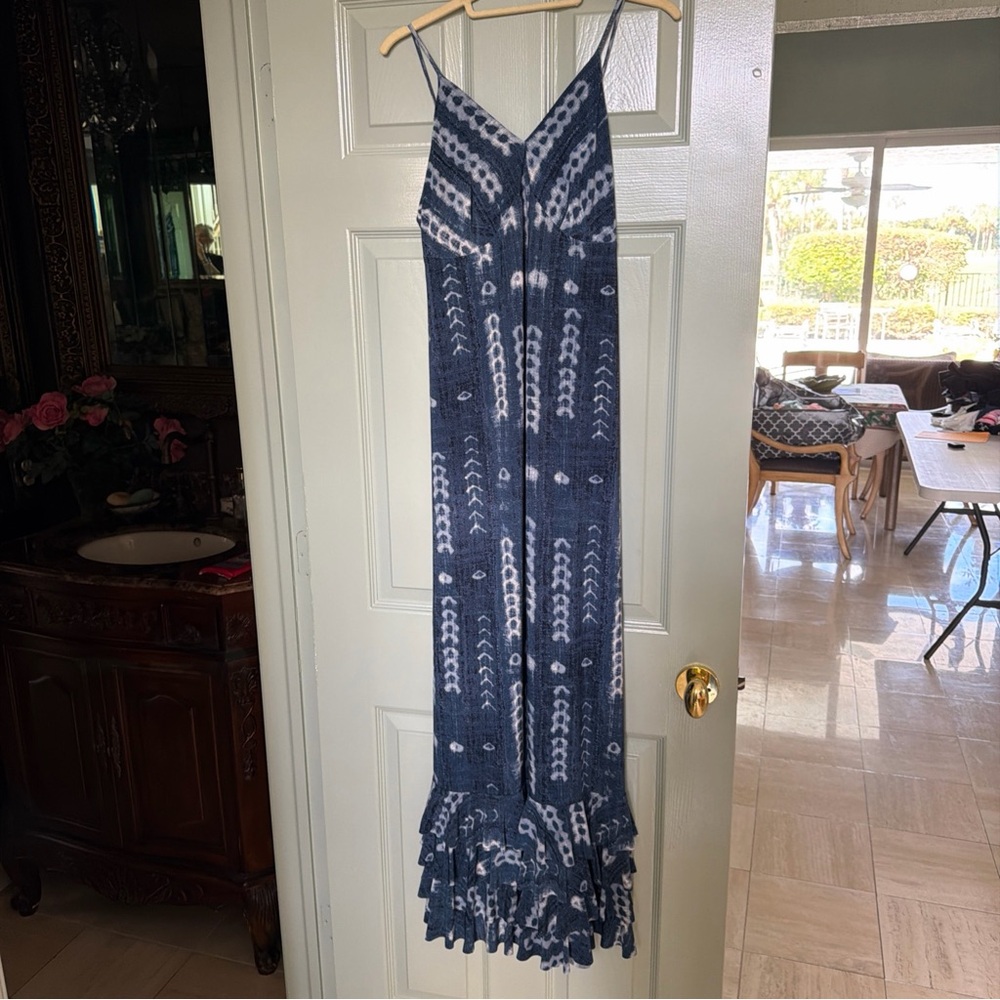 Norma Kamali Blue and White Maxi Dress with Ruffle Hem - Picture 1 of 6